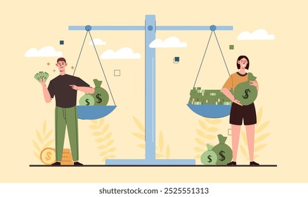 People with family budget. Man and woman near scales with banknotes. Financial literacy, budgeting and accounting. Couple with economy. Flat vector illustration isolated on beige background