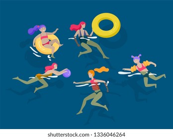 People family and children in sea, pool or ocean performing activities. Men or women swimming in swimwear, diving, surfing, lying on floating air mattress, playing ball. Cartoon vector illustration