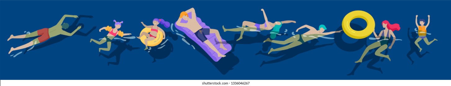 People Family And Children In Sea, Pool Or Ocean Performing Activities. Men Or Women Swimming In Swimwear, Diving, Surfing, Lying On Floating Air Mattress, Playing Ball. Cartoon Vector Illustration