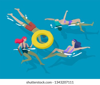 People family and children in sea, pool or ocean performing activities. Men or women swimming in swimwear, diving, surfing, lying on floating air mattress, playing ball. Cartoon vector illustration