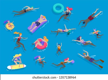 People family and children in sea, pool or ocean performing activities. Men or women swimming in swimwear, diving, surfing, lying on floating air mattress, playing ball. Cartoon vector illustration