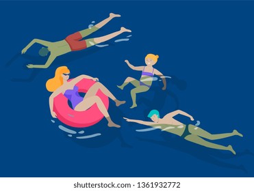 People family and children in sea, pool or ocean performing activities. Men or women swimming in swimwear, diving, surfing, lying on floating air mattress, playing ball. Cartoon vector illustration