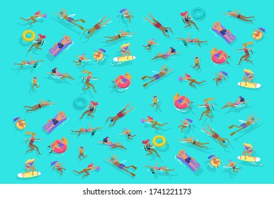 Familias de personas y niños en el mar, piscina o océano realizando actividades. Hombres o mujeres nadando en ropa de baño, buceando, surfeando, tumbados en colchón flotante, jugando a la pelota. Ilustración vectorial de dibujos animados