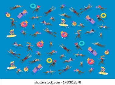 Familias de personas y niños en el mar, piscina o océano realizando actividades. Hombres o mujeres nadando en ropa de baño, buceando, surfeando, tumbados en colchón flotante, jugando a la pelota. Ilustración vectorial de dibujos animados