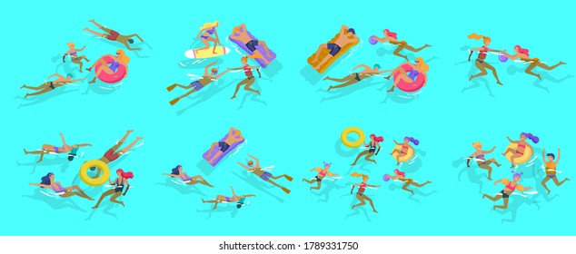 People family and children in sea, pool or ocean performing activities. Men or women swimming in swimwear, diving, surfing, lying on floating air mattress, playing ball. Cartoon vector illustration