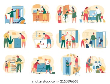 People family cleaning house with mop vacuum. Vector domestic and housework, cleaning together illustration