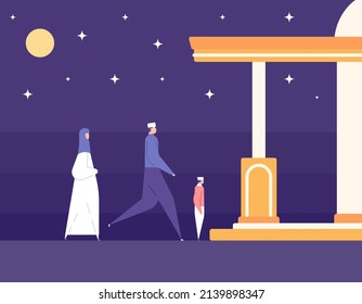 People Or A Family Go To The Mosque To Pray Together. Tarawih, Ramadan, Perform Worship. Worship And Islam. Muslim. Flat Cartoon Illustration. Concept Design