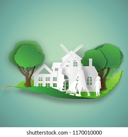People and family in the Green tree on leaf as environment conservation , Eco and saving the earth concept , vector illustration.