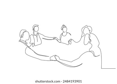 people family home dining table holding hands pray togetherness one line art design vector