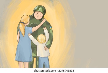 people, family are hugging with a man in military uniform, a soldier, they rejoice, warm hugs, on a yellow background, on a sunny day, praying for Ukraine, salvation, calmer together, protection