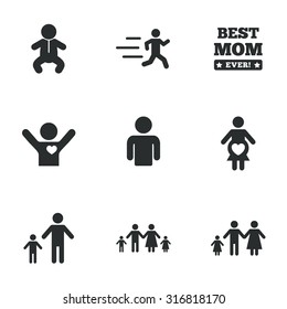 People, family icons. Maternity, person and baby signs. Best mom, father and mother symbols. Flat icons on white. Vector