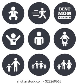 People, family icons. Maternity, person and baby signs. Best mom, father and mother symbols. Gray flat circle buttons. Vector