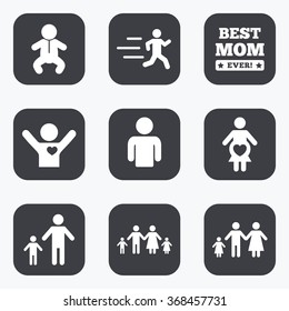 People, family icons. Maternity, person and baby signs. Best mom, father and mother symbols. Flat square buttons with rounded corners.