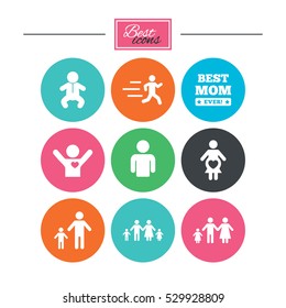 People, family icons. Maternity, person and baby signs. Best mom, father and mother symbols. Colorful flat buttons with icons. Vector
