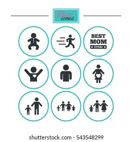 People, family icons. Maternity, person and baby signs. Best mom, father and mother symbols. Round flat buttons with icons. Vector