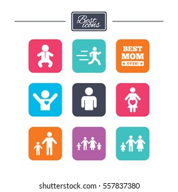 People, family icons. Maternity, person and baby signs. Best mom, father and mother symbols. Colorful flat square buttons with icons. Vector