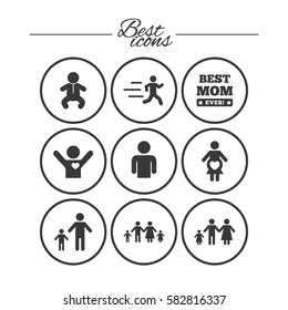 People, family icons. Maternity, person and baby signs. Best mom, father and mother symbols. Classic simple flat icons. Vector