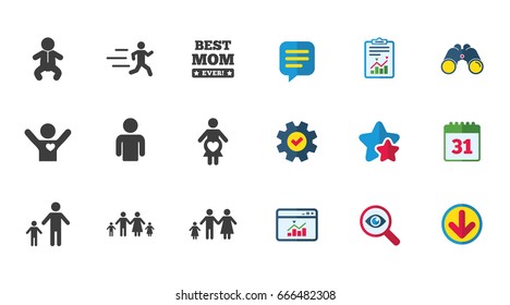 People, family icons. Maternity, person and baby signs. Best mom, father and mother symbols. Calendar, Report and Download signs. Stars, Service and Search icons. Statistics, Binoculars and Chat