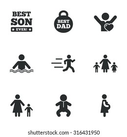 People, family icons. Swimming, baby and pregnant woman signs. Best dad, runner and fan symbols. Flat icons on white. Vector