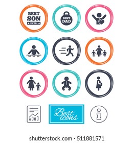 People, family icons. Swimming, baby and pregnant woman signs. Best dad, runner and fan symbols. Report document, information icons. Vector