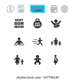 People, family icons. Swimming, baby and pregnant woman signs. Best dad, runner and fan symbols. Report document, calendar and information web icons. Vector