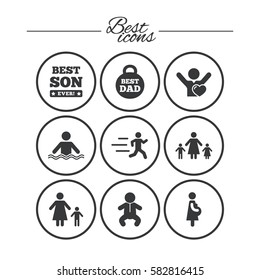 People, family icons. Swimming, baby and pregnant woman signs. Best dad, runner and fan symbols. Classic simple flat icons. Vector