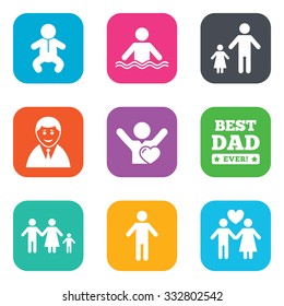 People, family icons. Swimming pool, love and children signs. Best dad, father and mother symbols. Flat square buttons. Vector