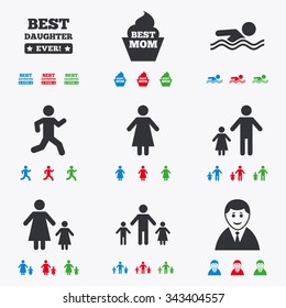 People, family icons. Swimming pool, person signs. Best mom, father and mother symbols. Flat black, red, blue and green icons.