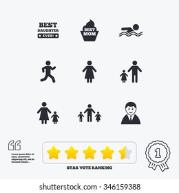 People, family icons. Swimming pool, person signs. Best mom, father and mother symbols. Star vote ranking. Award achievement and quotes.