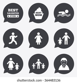 People, family icons. Swimming pool, person signs. Best mom, father and mother symbols. Flat icons in speech bubble pointers.