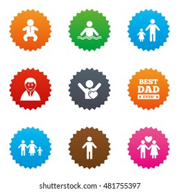 People, family icons. Swimming pool, love and children signs. Best dad, father and mother symbols. Stars label button with flat icons. Vector