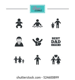 People, family icons. Swimming pool, love and children signs. Best dad, father and mother symbols. Black flat icons. Classic design. Vector