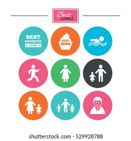 People, family icons. Swimming pool, person signs. Best mom, father and mother symbols. Colorful flat buttons with icons. Vector