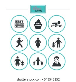 People, family icons. Swimming pool, person signs. Best mom, father and mother symbols. Round flat buttons with icons. Vector