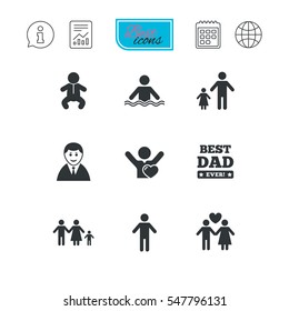 People, family icons. Swimming pool, love and children signs. Best dad, father and mother symbols. Report document, calendar and information web icons. Vector
