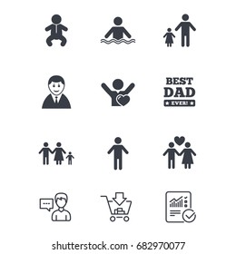 People, family icons. Swimming pool, love and children signs. Best dad, father and mother symbols. Customer service, Shopping cart and Report line signs. Online shopping and Statistics. Vector