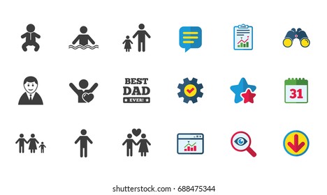 People, family icons. Swimming pool, love and children signs. Best dad, father and mother symbols. Calendar, Report and Download signs. Stars, Service and Search icons. Statistics, Binoculars and Chat
