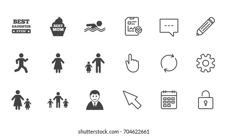 People, family icons. Swimming pool, person signs. Best mom, father and mother symbols. Chat, Report and Calendar line signs. Service, Pencil and Locker icons. Click, Rotation and Cursor. Vector