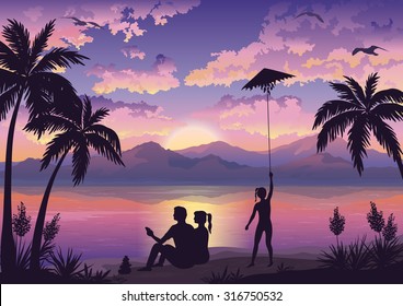 People, Family on Tropical Beach with Palms, Mother and Father Looking at the Landscape and Daughter Launching Kite, Sun, Seagulls and Clouds into the Sky. Eps10, Contains Transparencies. Vector