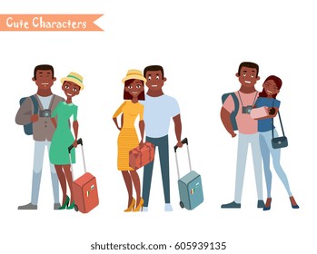 People and family traveling on vacation. Family travel. Father mother, son and daughter at the airport. Vector illustration in a flat style