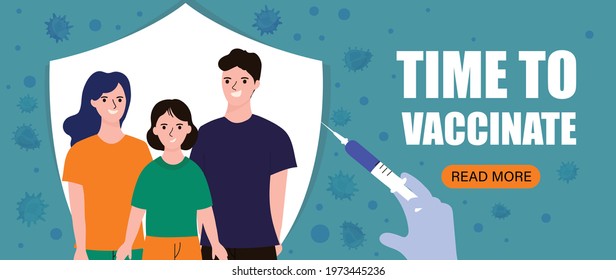 People and family vaccination concept for immunity health. Time to vaccinate banner. Patients are waiting in line. process of immunization against covid-19. Healthcare, coronavirus, flu or influenza.