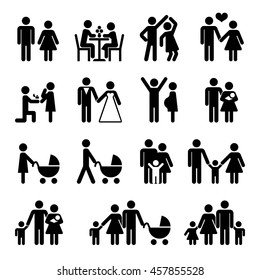 People family vector icon set. Love and family life black pictograms illustration