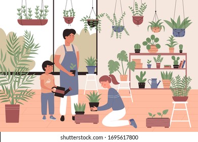 People Family Works With Plants In Public Or Private Orangery, Garden Flat Vector Illustration. Houseplants In Pots In Light Room, Greenhouse, Botanical Garden, Flowers Growing, Plant Nursery