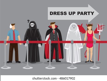 People in fancy costumes as different characters waiting in behind queue barrier for dress up party, Vector cartoon illustration for fancy dress party isolated on grey background. 
