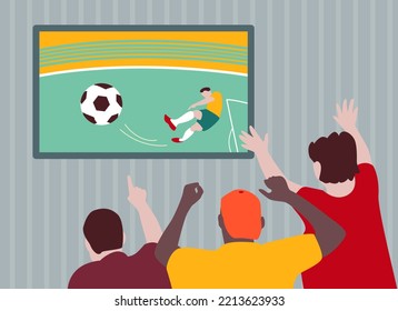 People fans watching soccer match on tv. Flat vector stock illustration with football players on TV.Vector illustration.