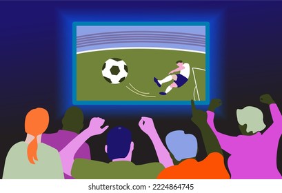 People fans watching soccer match on tv. Flat vector stock illustration with football players on TV.Vector illustration.
