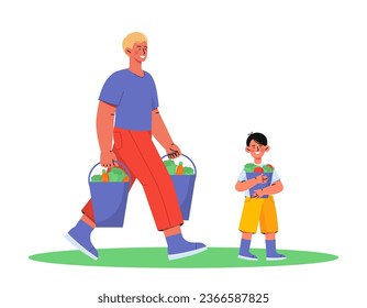 People with farm work concept. Farming and agriculture, rural scene. Man and kid with buckets of vegetables. Harvest and crop. Cartoon flat vector illustration isolated on white background