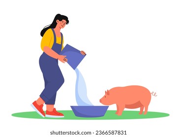 People with farm work concept. Farming and agriculture, rural scene. Woman pours water for pig. Care about cattle and domestic animal. Cartoon flat vector illustration isolated on white background