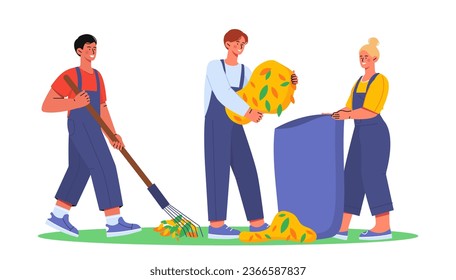 People with farm work concept. Farming and agriculture, rural scene. Men and woman with stack of hay and leaves. Cleaning of yard. Cartoon flat vector illustration isolated on white background