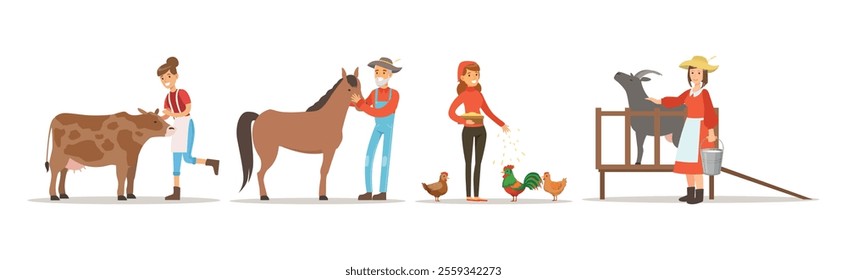 People Farmer Character Breeding Animal and Livestock Vector Set